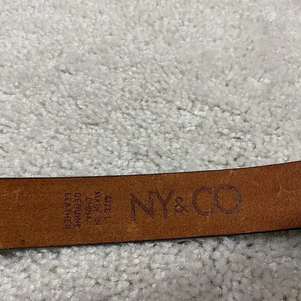 NY&CO Leather Belt Womens L Brown Beaded Boho Western Brass Buckle Indie Cowgirl